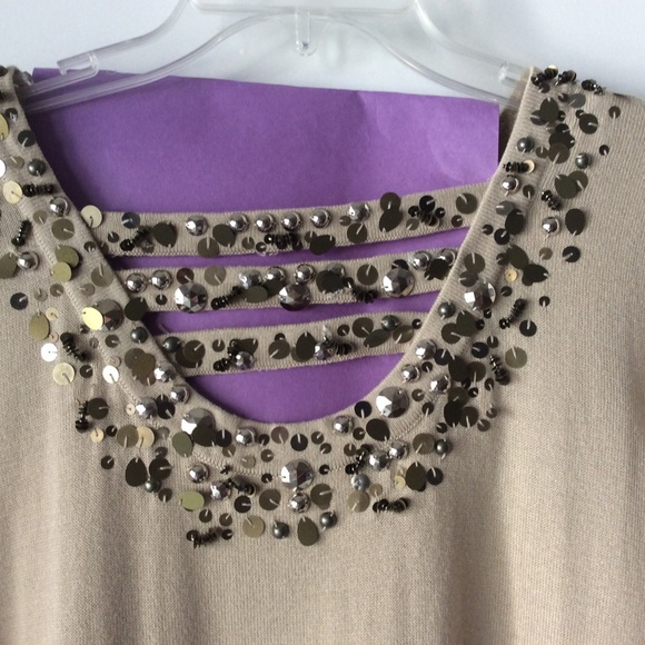 Linea Louis Dell Olio Knit Dress Gold Beaded Neck Short Sleeves - Picture 5 of 11